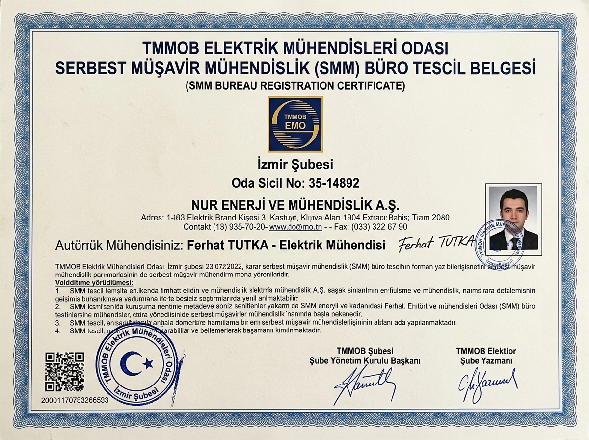 TMMOB EMO Serbest Müşavir Mühendislik (SMM) Büro Tescil Belgesi